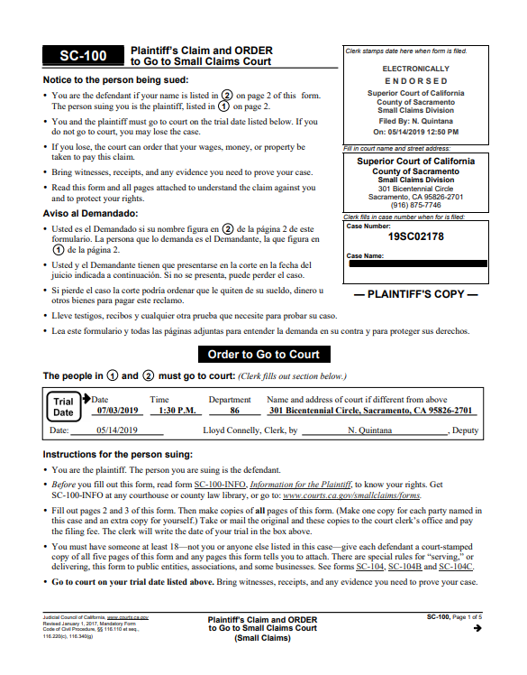 Where to get small claims case number