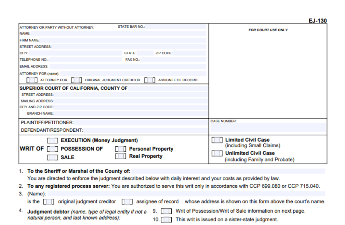 How To Fill Out A Writ of Execution in California